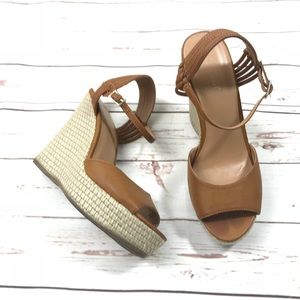 Nine West Camel Leather Upper Espadrille Wedges